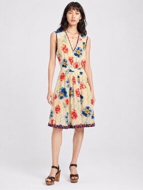 🌺Anna Sui Yellow Floral Backless Sundress with Blue and Red Blooms